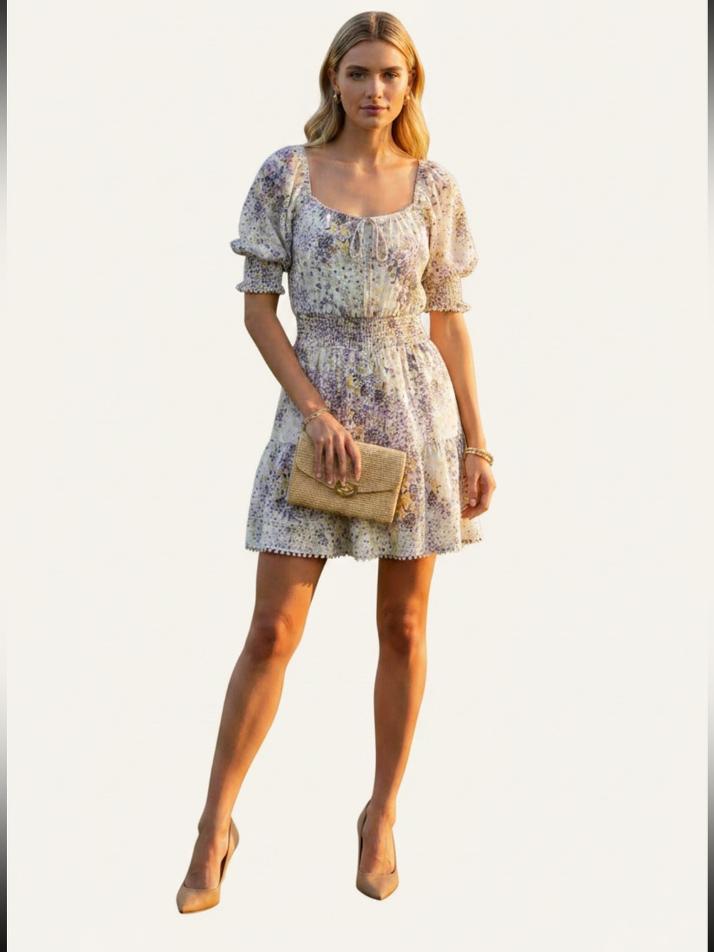 1. State Cream Floral Puff-Sleeve Tie-Front  Floral Frenzy Dress retail $109